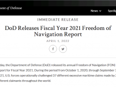 美军发布年度“航行自由行动报告”，共37次，涉及中国最多