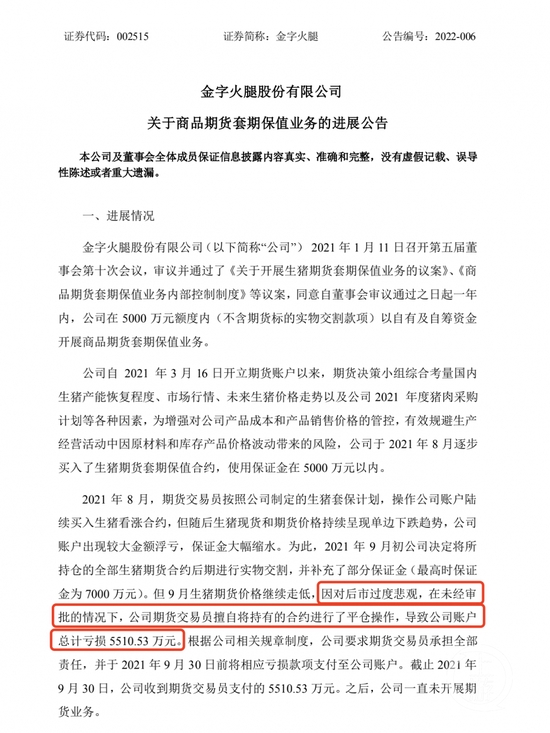 ▲1月27日，金字火腿发布公告称，因期货交易员擅自平仓，导致公司亏损5000多万元。图片来源/深交所