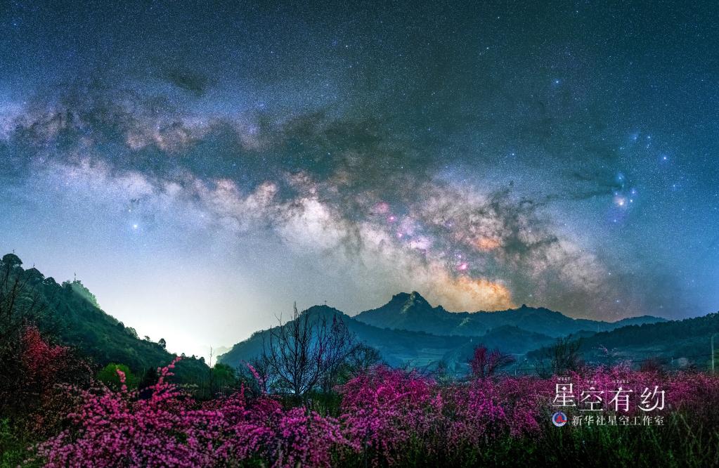 　　这是甘肃省天文爱好者鲁罡2022年4月5日在甘肃陇南两当拍摄的“花语星空”。（本人供图）