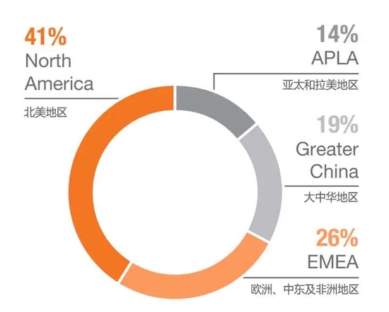 (图:2020财年耐克各区域营收贡献占比。图片来源:耐克2020年财报;翻译/辛晓彤。)