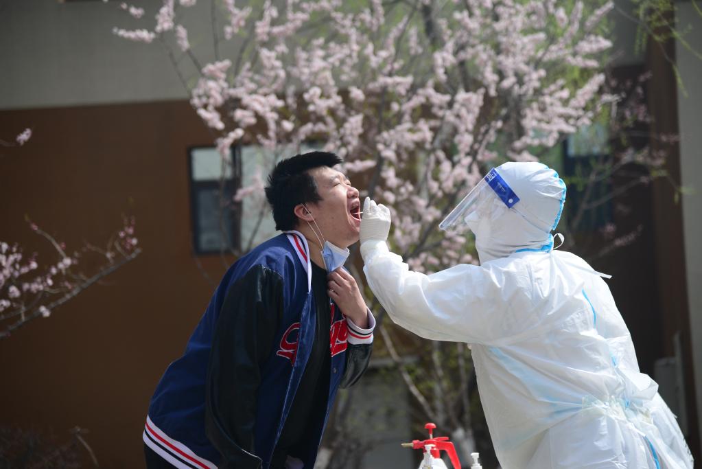4月20日，在长春市一处核酸检测点，居民接受核酸检测采样。新华社记者张建 摄