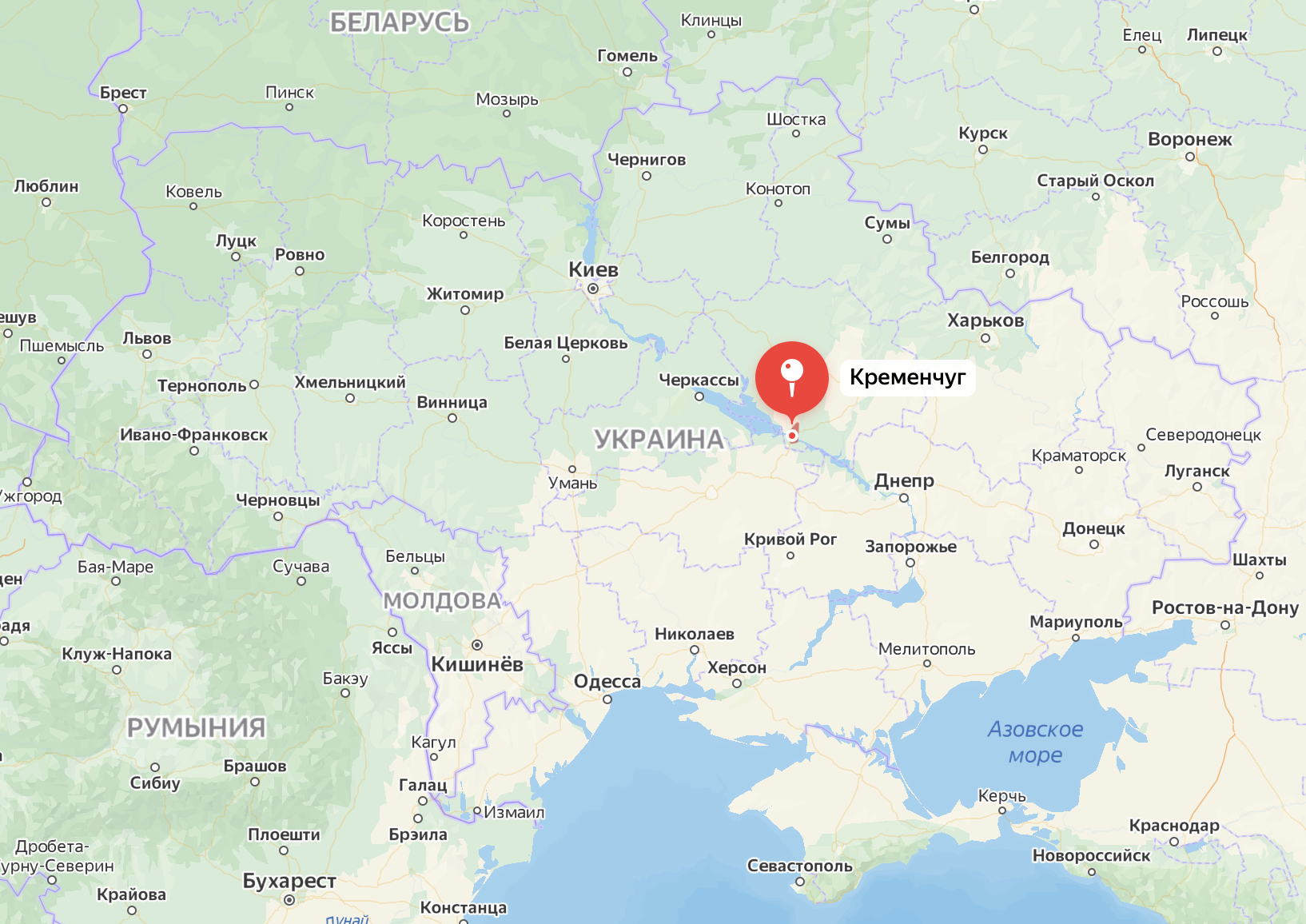 Yandex地图上乌克兰中部波尔塔瓦州克里缅丘格市位置示意图,4月初曾有消息称俄军已经对当地储油设备实施过打击