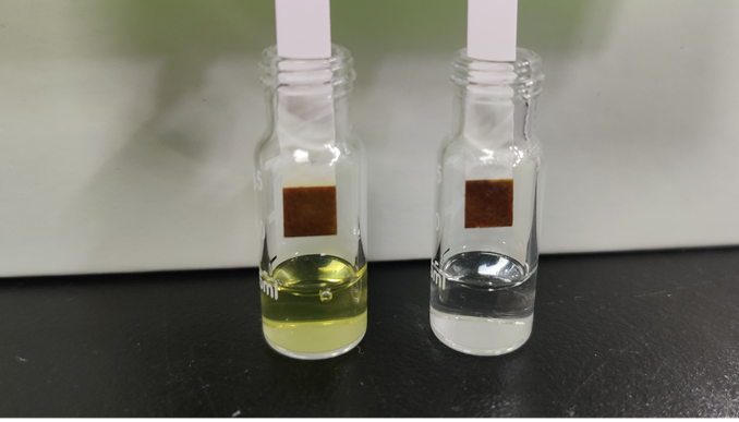 改造后用于制备葡萄糖的酵母菌株发酵液(棕色溶液),及制备的葡萄糖(白色溶液),图片来自研究团队