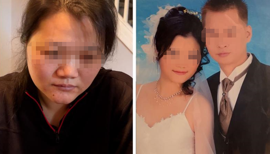 右图为严志文与妻子的合影,左图为严志文妻子接受美媒采访时画面。