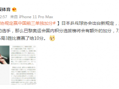 日本乒协规定赢中国排名前三的选手将有额外加分