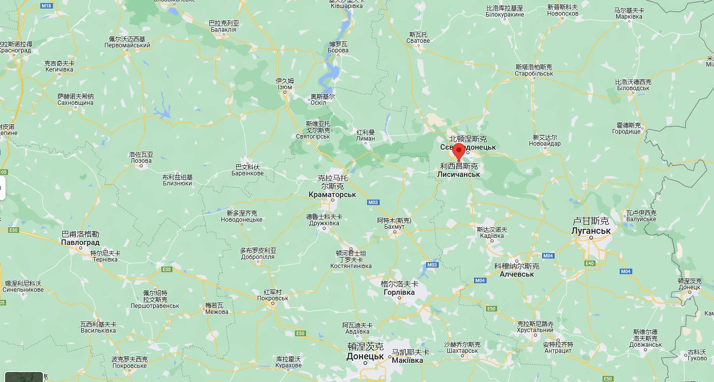 泽连斯基访问的利西昌斯克,与北顿涅茨克仅一河之隔 谷歌地图