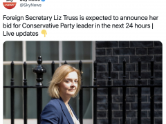 英媒：预计英外交大臣特拉斯将于24小时内宣布竞选保守党党首