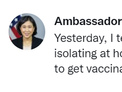 美贸易代表戴琪在社交媒体上透露自己新冠检测结果呈阳性