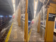 纽约遭暴雨袭击 雨水灌入地铁站形成“瀑布”