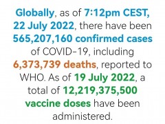 世卫组织：全球新冠肺炎确诊病例超5.6520亿例